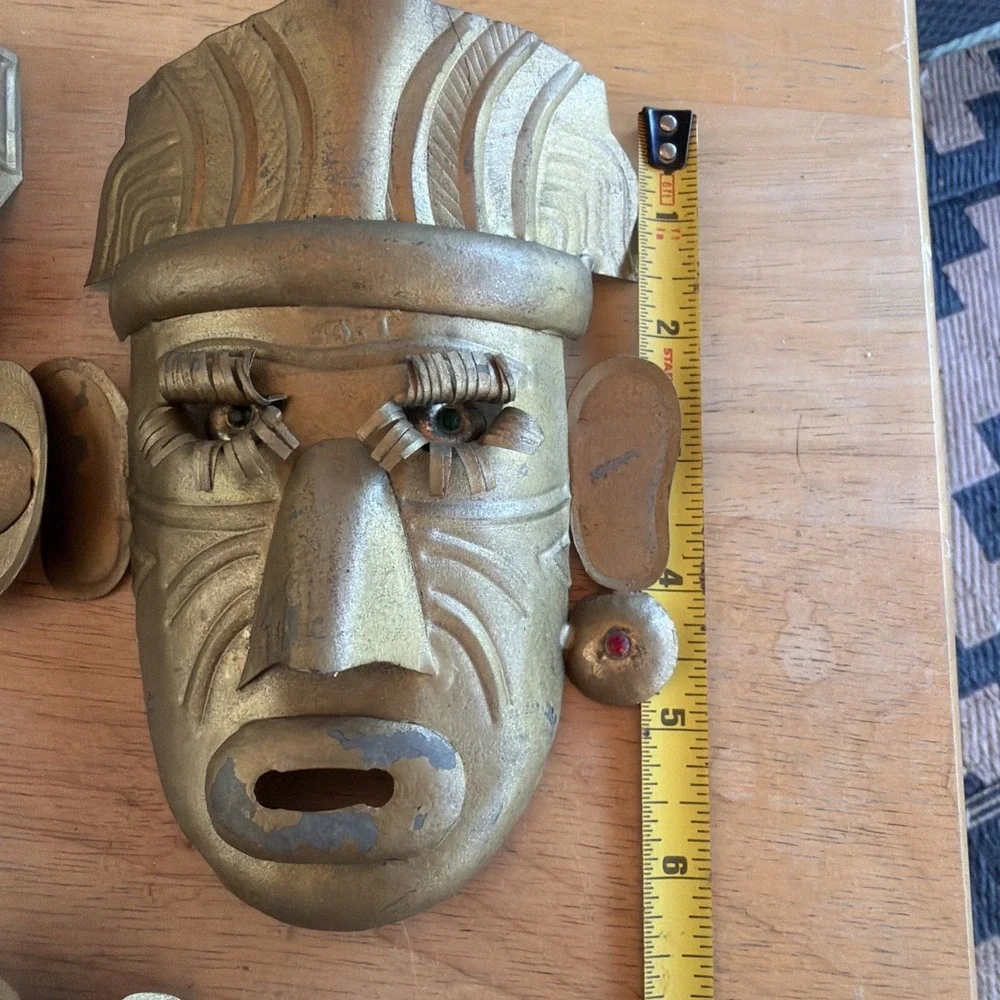 3 VNTG Mexican Tin Metal Masks Beaded Eyes Folk Art Primitive Style Tribal 6